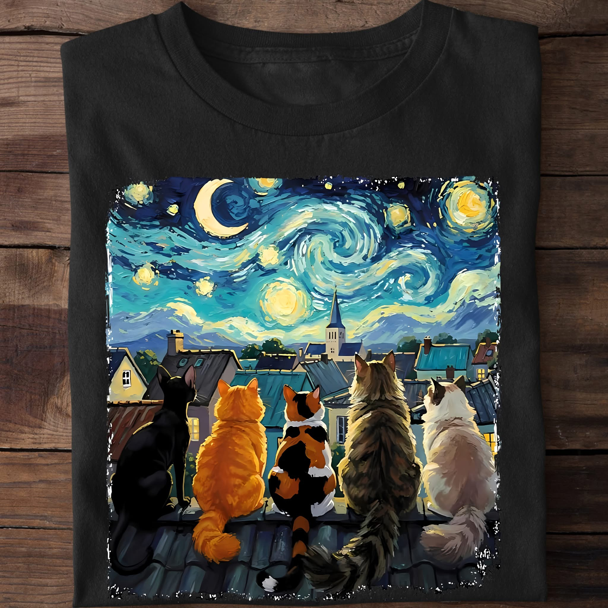 Cats Rooftop Starry Night T-Shirt Van Gogh Inspired Cat Lover Shirt Good Mothers Day Gifts
