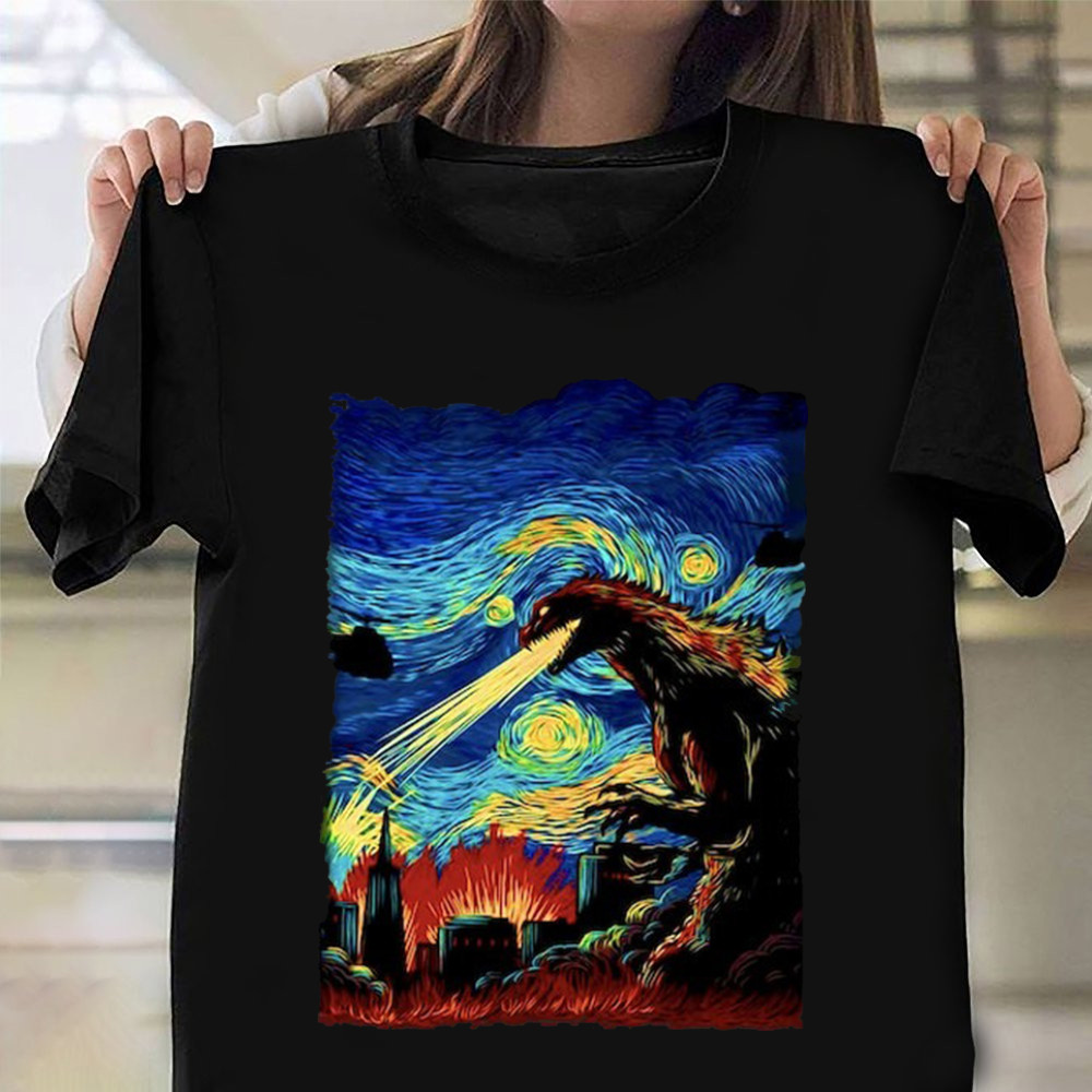 Godzilla Starry Night Art Shirt Van Gogh Unique Graphic T-Shirt Gifts For Boyfriend