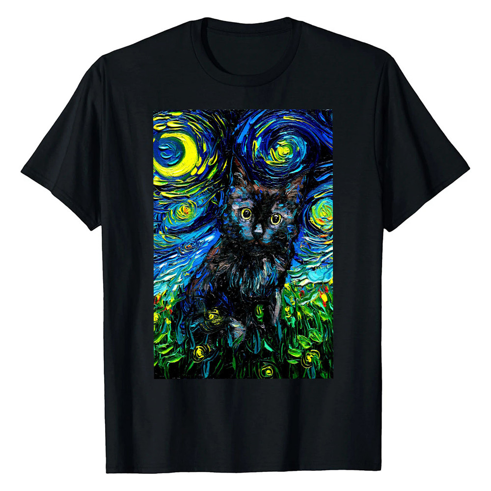 Black Cat Starry Night T-Shirt Van Gogh Art Shirt Cute Cat Items For Cat Lovers Gift Ideas - Finearttee