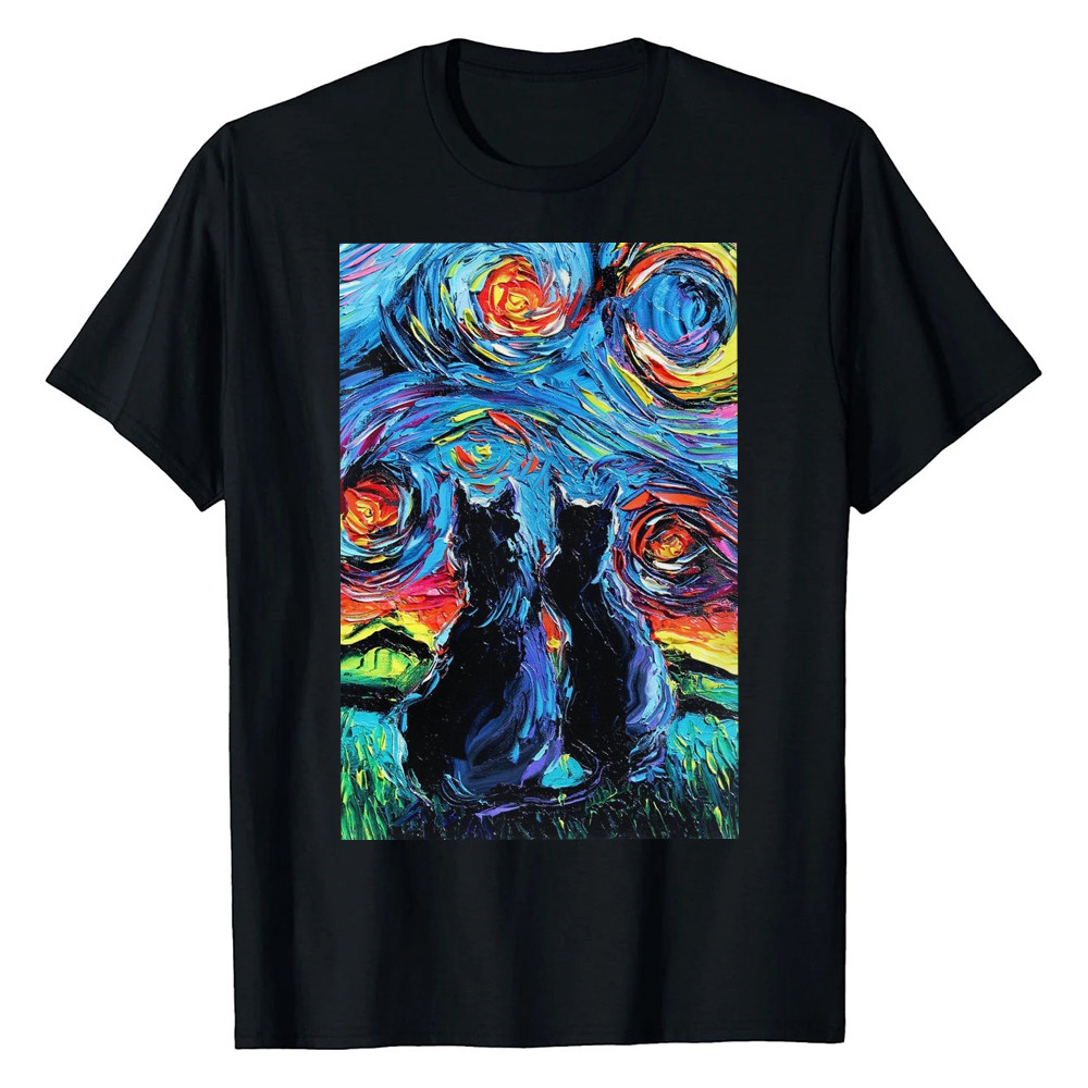 Black Cats Starry Night T-Shirt Van Gogh Art Wall House Decoration Shirt Best Cat Owner Gift - Finearttee