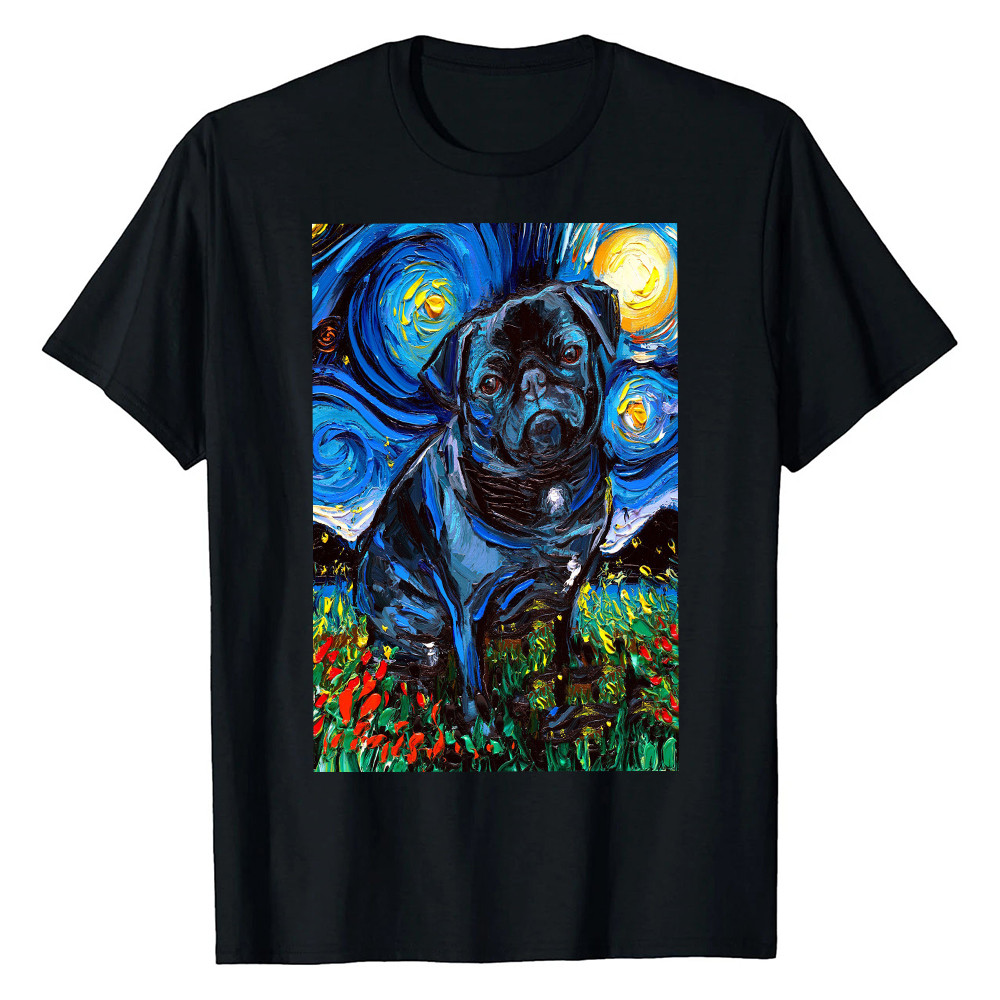 Black Pug Starry Night T-Shirt Van Gogh Art Shirt House Decor Pug Lovers Gift Item - Finearttee