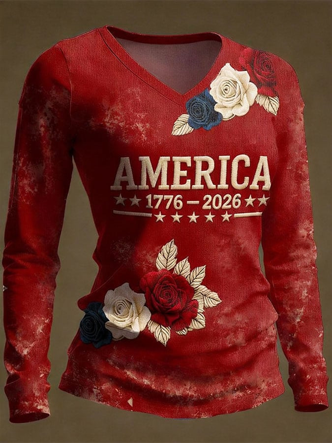 America 250 Years 1776 2026 V-Neck Long Sleeve Shirt 4 Of July Outfits For Women