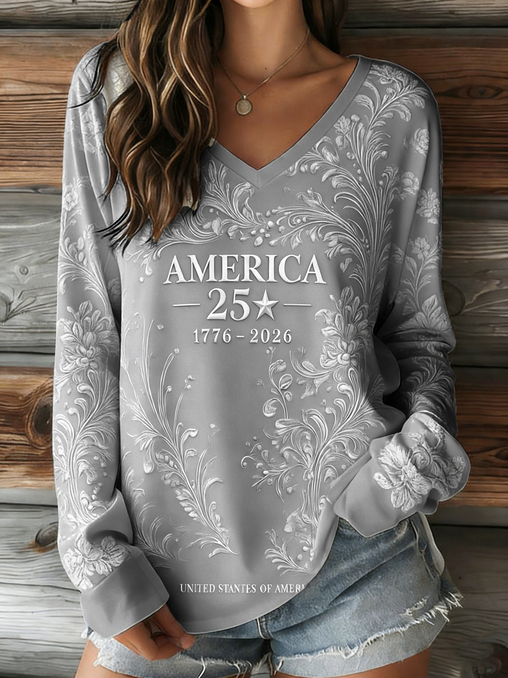 America 250 Years 1776 2026 V-Neck Long Sleeve Shirt 4Th Of July Shirts Gift For Patriots