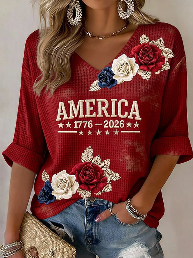 America 250 Years 1776 2026 V-Neck Long Sleeve Shirt Clothes For July 4th Patriotic Gifts