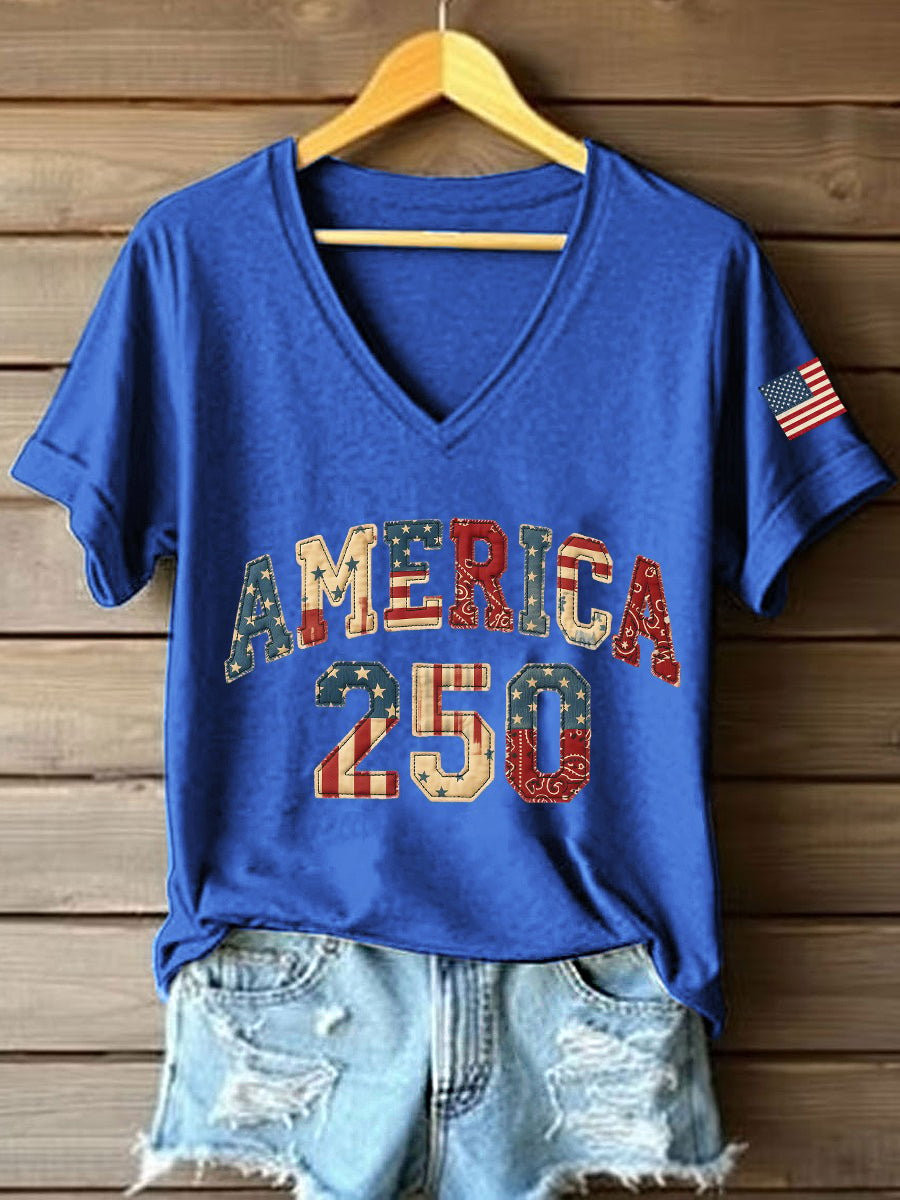 America 250 Years V-Neck Shirt American Flag Apparel 4 Of July Outfits For Women