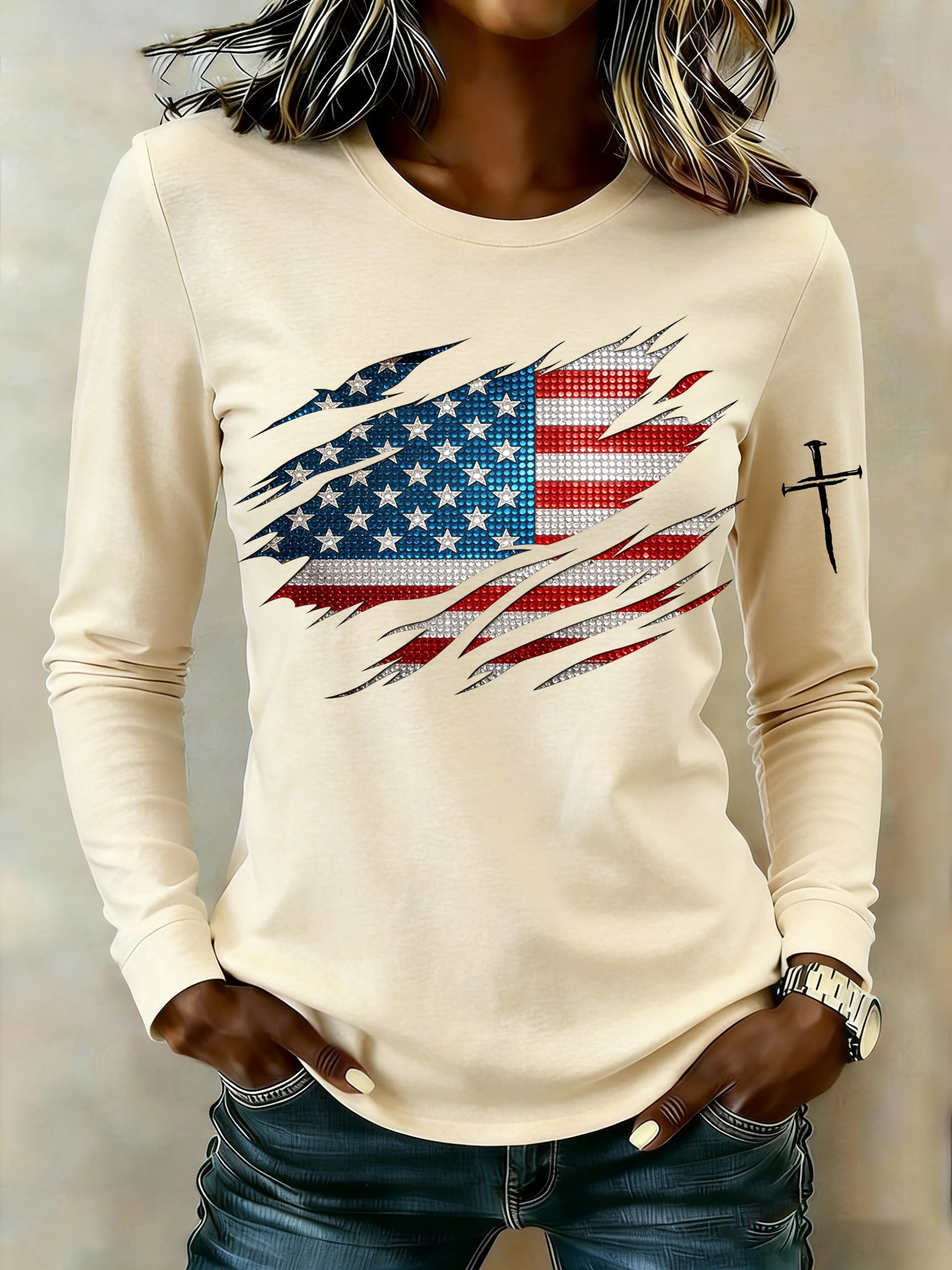 American Flag Holy Cross Long Sleeve Shirt 4Th Of July Shirts Womens Gift For Patriots