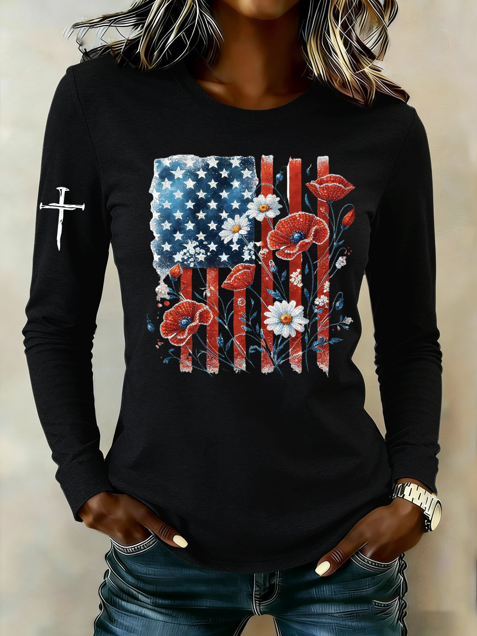 American Flag Holy Cross Long Sleeve Shirt 4Th Of July Shirts Womens Patriotic Gifts Idea