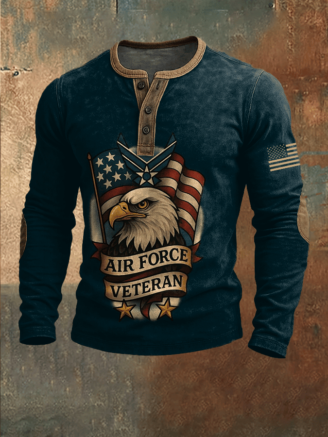 Eagle Air Force Veteran Button Long Sleeve Shirt American Flag Outfit For Men Patriotic Gifts