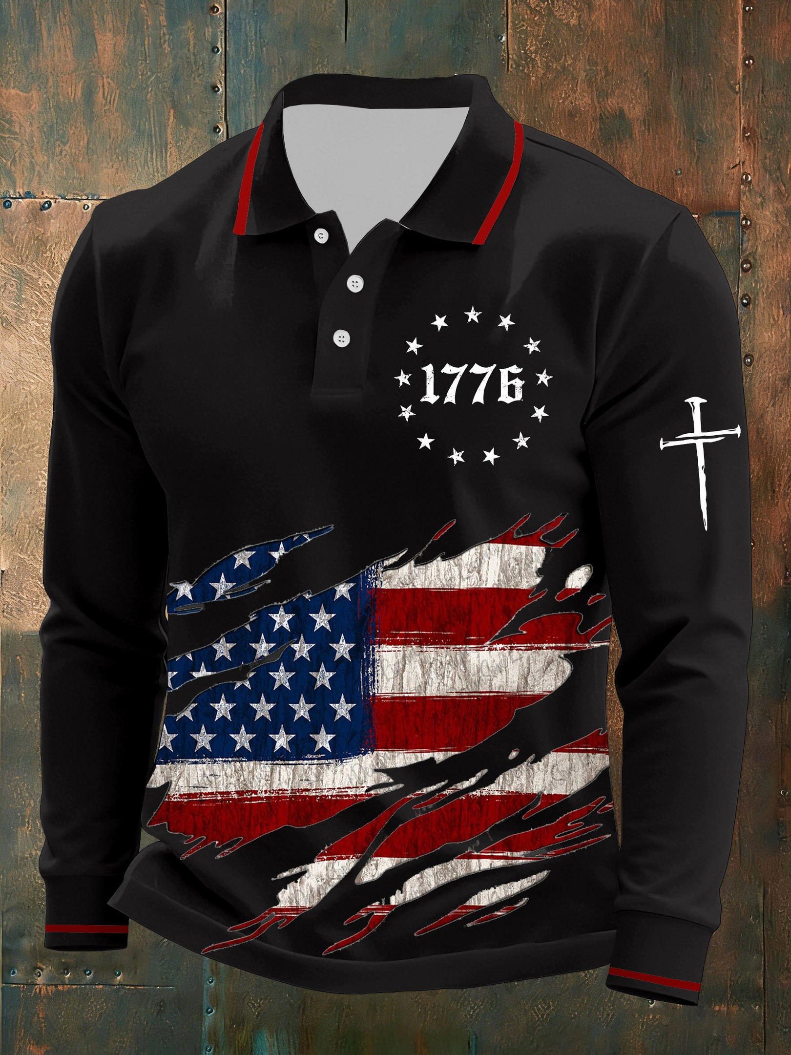 Holy Cross 1776 American Flag Long Sleeve Polo Shirt Independence Day Apparel 4Th Of July Gift