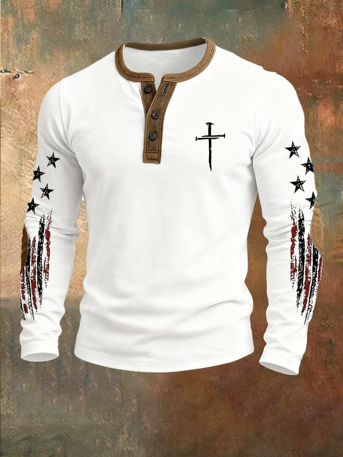 Holy Cross American Flag Button Long Sleeve Shirt National Flag Themed Apparel Gifts Idea