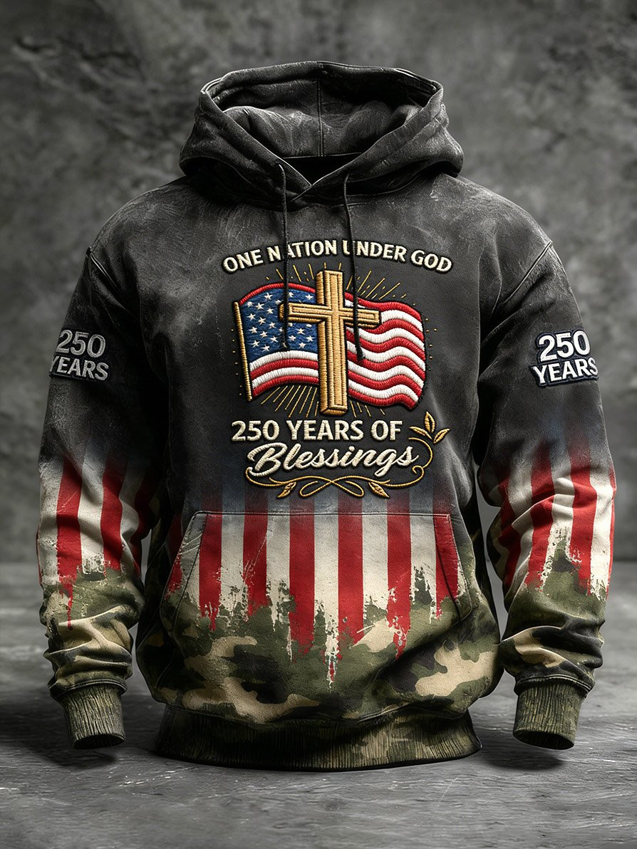 USA 250 Years Of Blessings Camo Hoodie US Flag Apparel 4Th Of July Outfit For Men