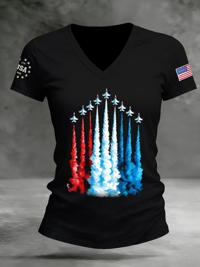 USA 250 Years Tactical Jet American Flag V-Neck Shirt 4Th Of July Attire Patriotic Gifts
