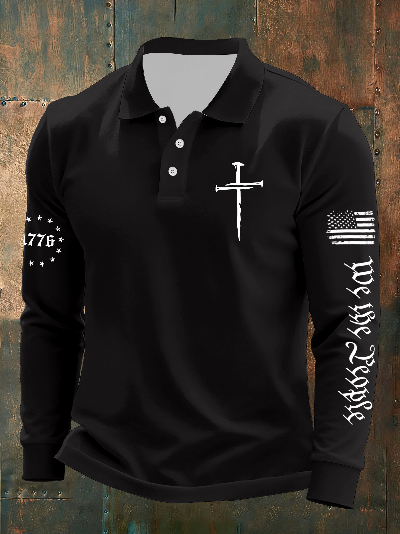 We The People Holy Cross Long Sleeve Polo Shirt 1776 Faith Based Apparel Patriotic Gifts